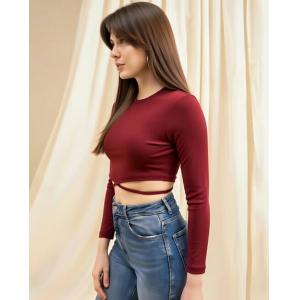 Maroon Round Neck Waist Tie Up Fitted Crop Top